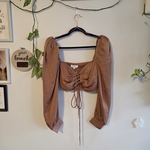 Mabel Tops - Elegant Tan Lace-Up Blouse with Puff Sleeves